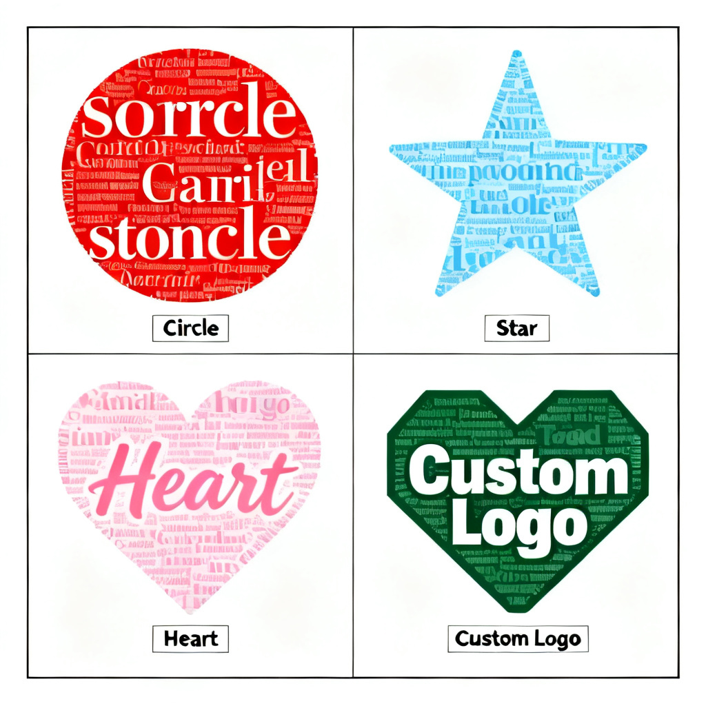A grid showing various word cloud shapes including circle, star, heart, and custom logos, each filled with different color schemes and fonts, professional layout with clean borders and labels