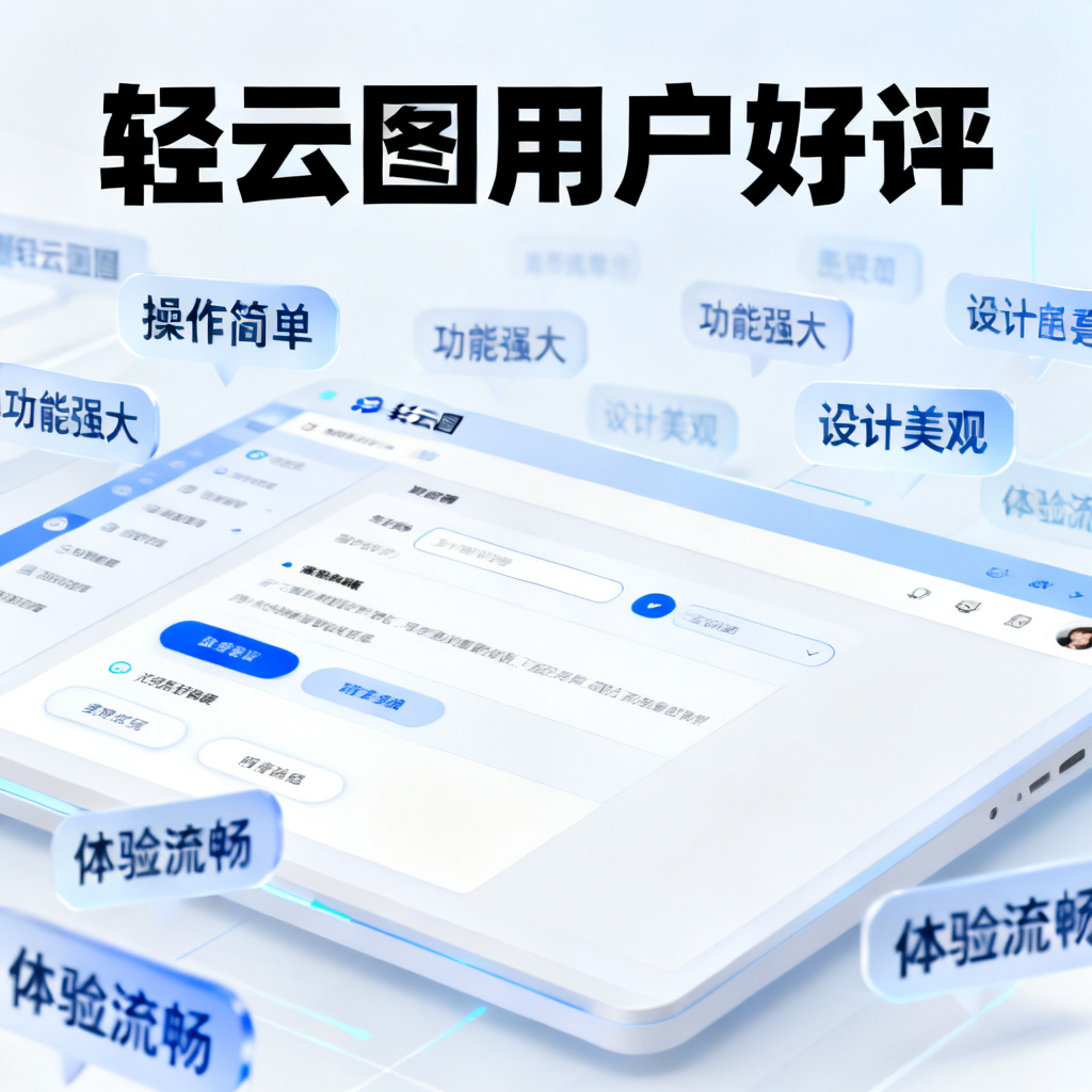一张用户好评截图，显示多个用户对轻云图的正面评价，背景有轻云图界面和文字云元素