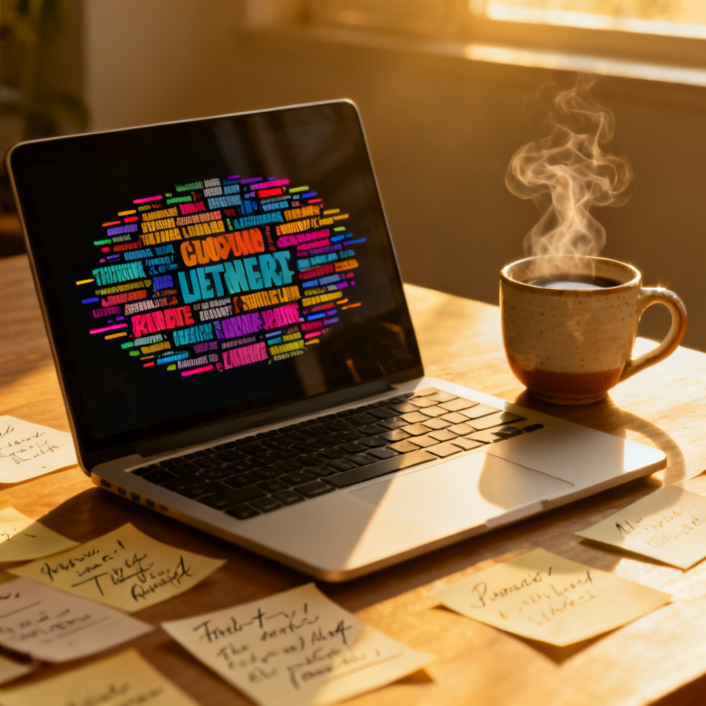 A professional workspace with a laptop displaying a colorful animated word cloud, next to a coffee cup and notes, warm lighting, realistic photo style, emphasizing productivity and creativity