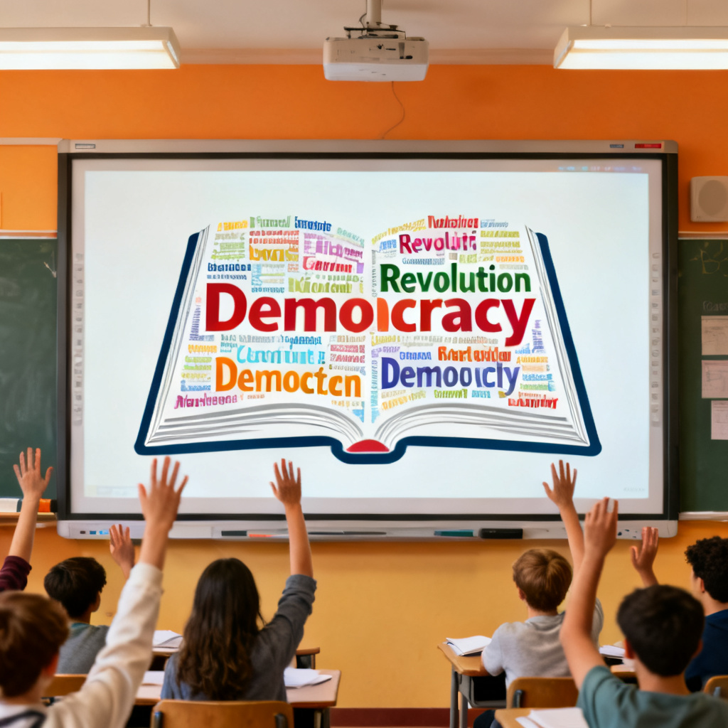 A colorful 2D word cloud shaped like a book, with keywords like "Revolution" and "Democracy" in varied font sizes, displayed on a classroom smartboard, students raising hands in the background, bright classroom lighting, warm tones