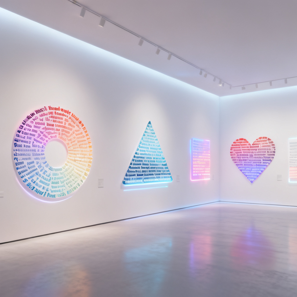 A collection of multiple word clouds in different shapes (circle, triangle, heart) displayed on a virtual gallery wall, each with unique color schemes and animations, soft ambient lighting, minimalist design, 8k