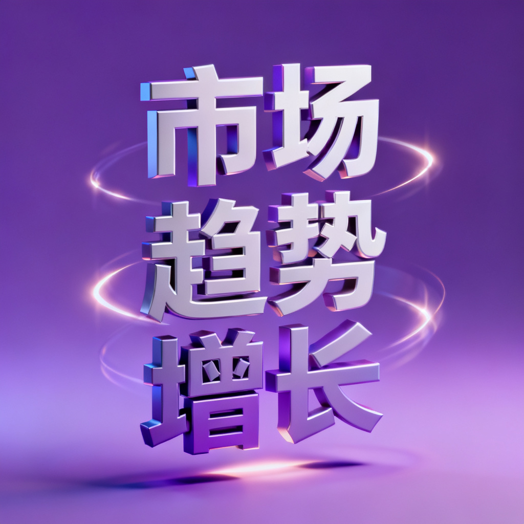 一个3D文字云，关键词包括“市场”、“趋势”、“增长”，背景为渐变紫色，文字缓慢旋转并带有光效，展示立体感和动画效果