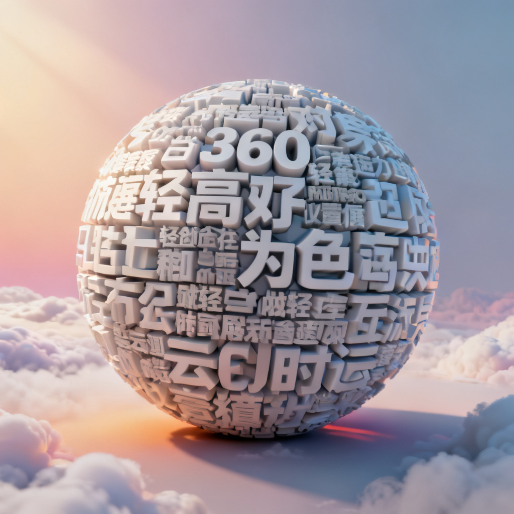 轻云图生成的3D文字云效果，文字呈立体球状排列，支持360度旋转，背景为渐变光影