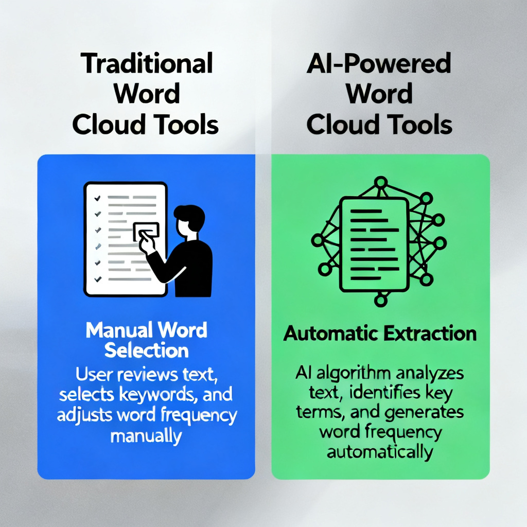 A comparison between traditional word cloud tools and AI-powered tools, showing manual word selection vs. automatic extraction.