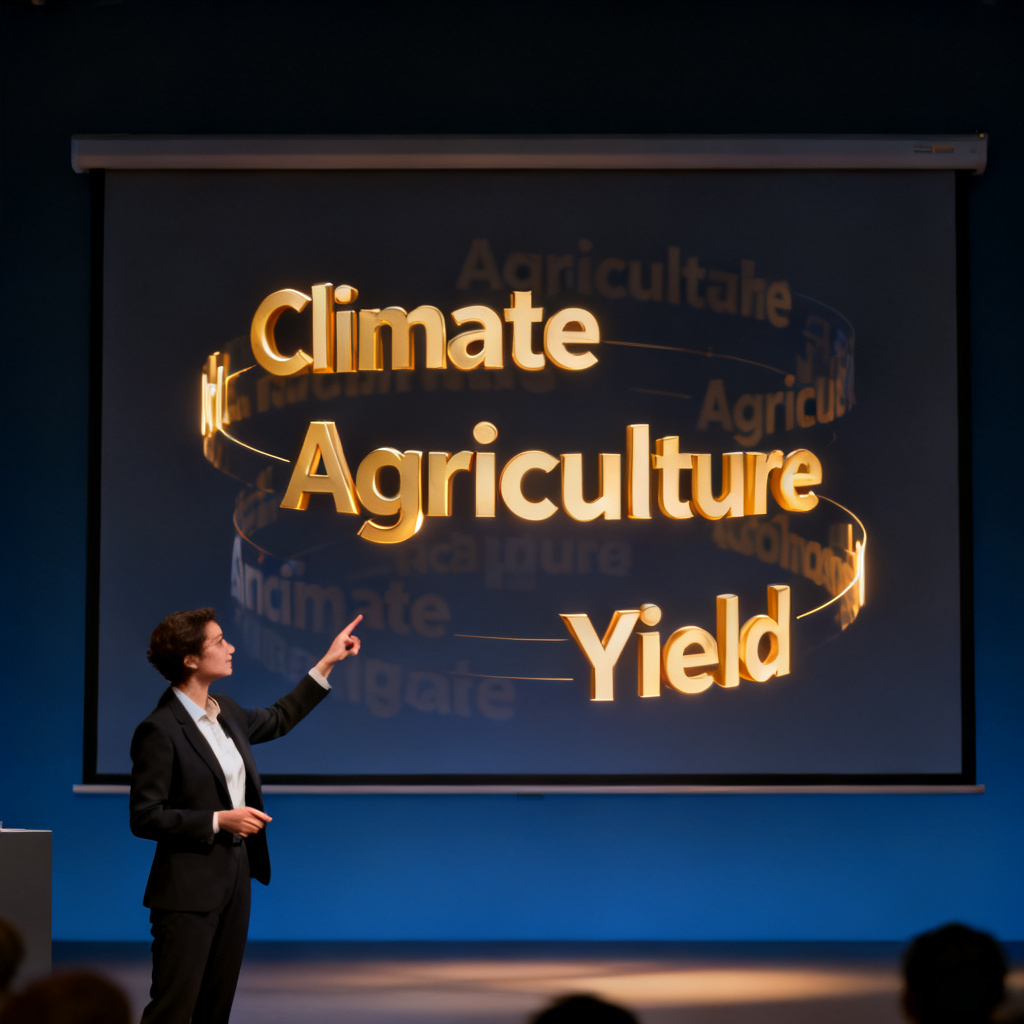 A presentation slide showing a 3D word cloud embedded in a PowerPoint slide, with a presenter pointing to rotating keywords like 'Climate', 'Agriculture', 'Yield'. The background is a dark gradient, and the words are illuminated with soft lighting.