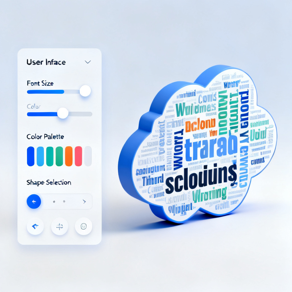 A user interface showing the customization panel of a word cloud tool, with sliders for font size, color palette, and shape selection. A preview of a 3D word cloud is displayed on the right.