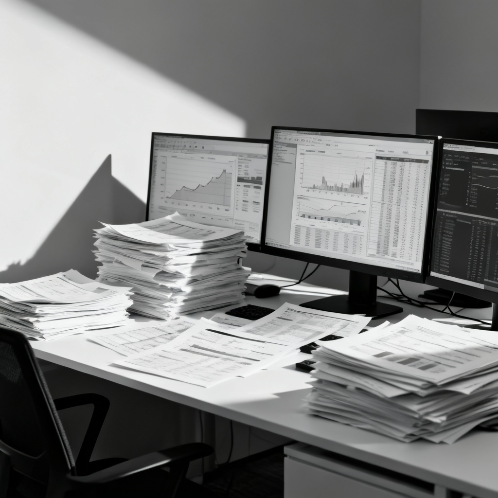 A cluttered desk with piles of paper reports and digital screens showing data overload, minimalist style, high contrast lighting