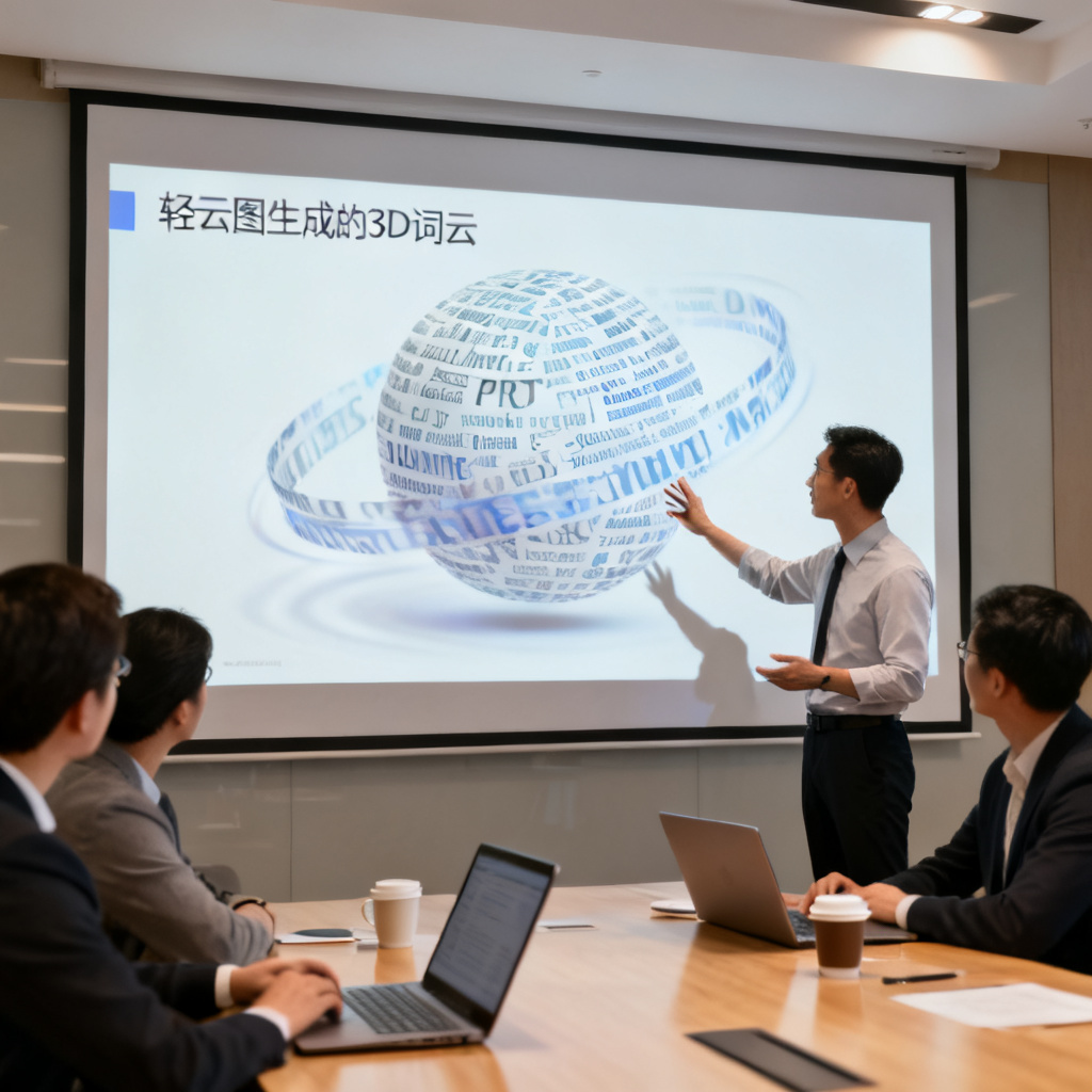 会议场景：投影屏幕上显示轻云图生成的3D词云，一位演讲者用手势指向屏幕，词云在PPT中旋转，周围观众专注观看，桌面上摆放着笔记本电脑和咖啡杯，整体氛围专业而高效