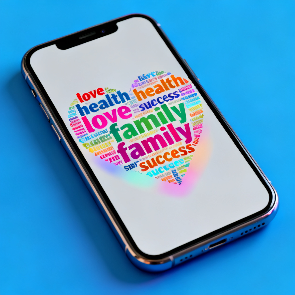 A social media post mockup: a vibrant word cloud in the shape of a heart, with keywords like 'love', 'health', 'family', 'success', exported as GIF, smartphone screen, bright colors