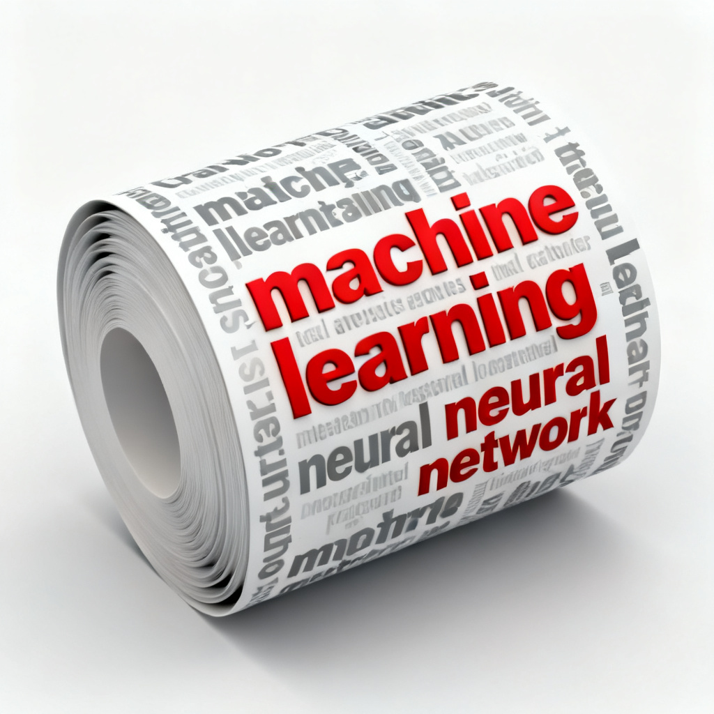 A rotating 3D word cloud on a slide, with key terms like "machine learning" and "neural network" highlighted in red, surrounded by smaller grey words, professional academic presentation style
