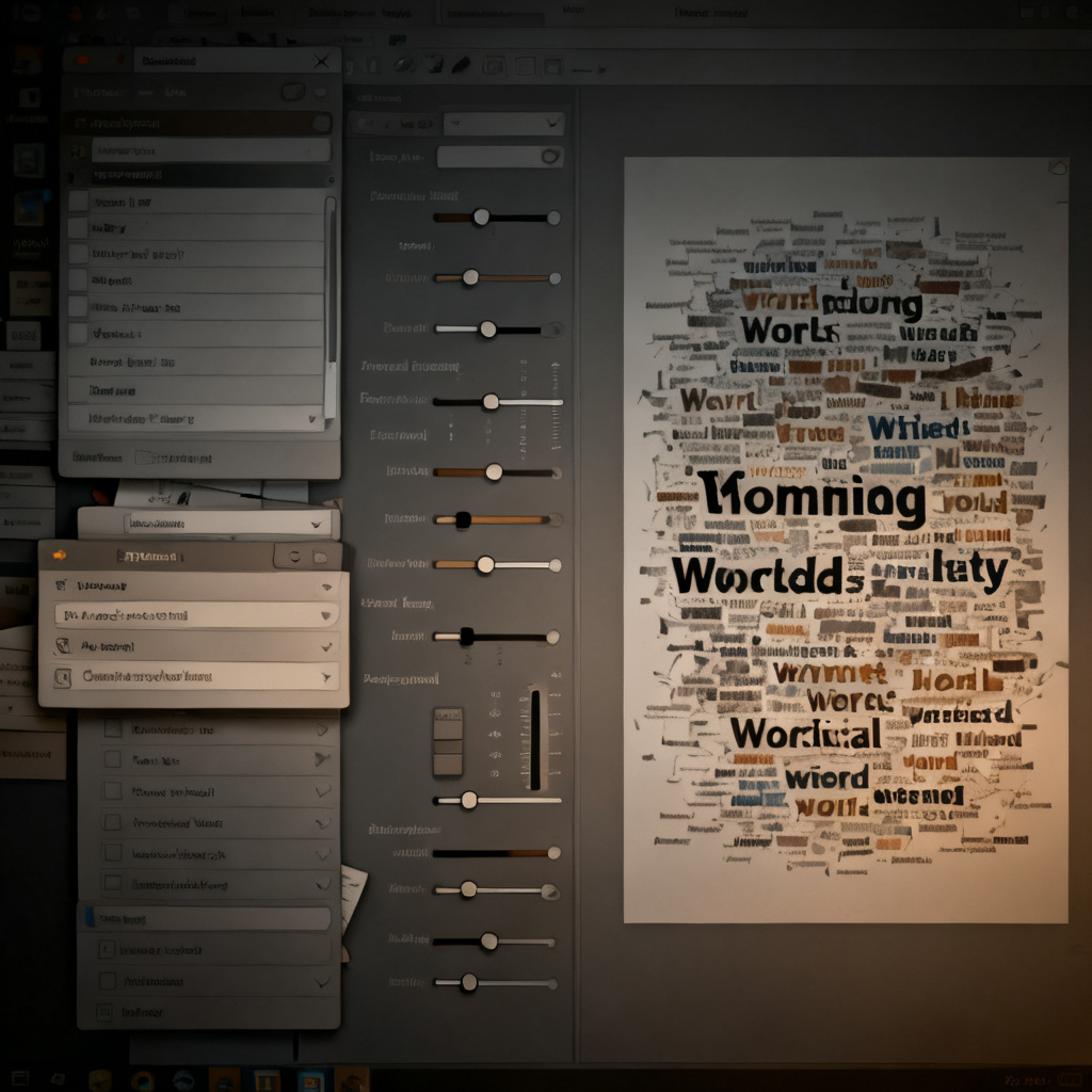 A chaotic and cluttered interface of a traditional word cloud tool, showing complex menus, manual word frequency sliders, and a messy, unappealing flat word cloud output. The scene is dimly lit, emphasizing frustration and complexity.