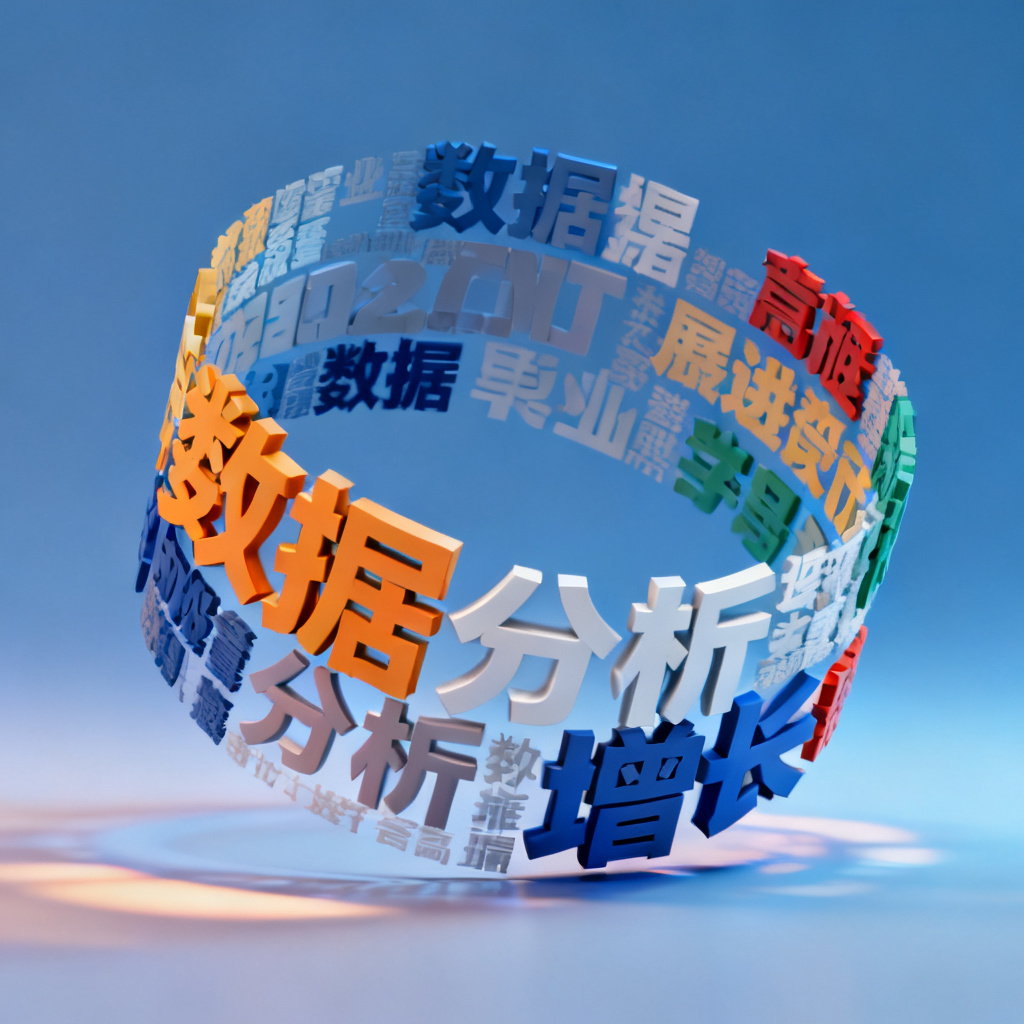 一个3D文字云在虚拟空间中旋转，关键词如“数据”、“分析”、“增长”以不同颜色和大小排列，背景为渐变蓝色，带有柔和的光影效果