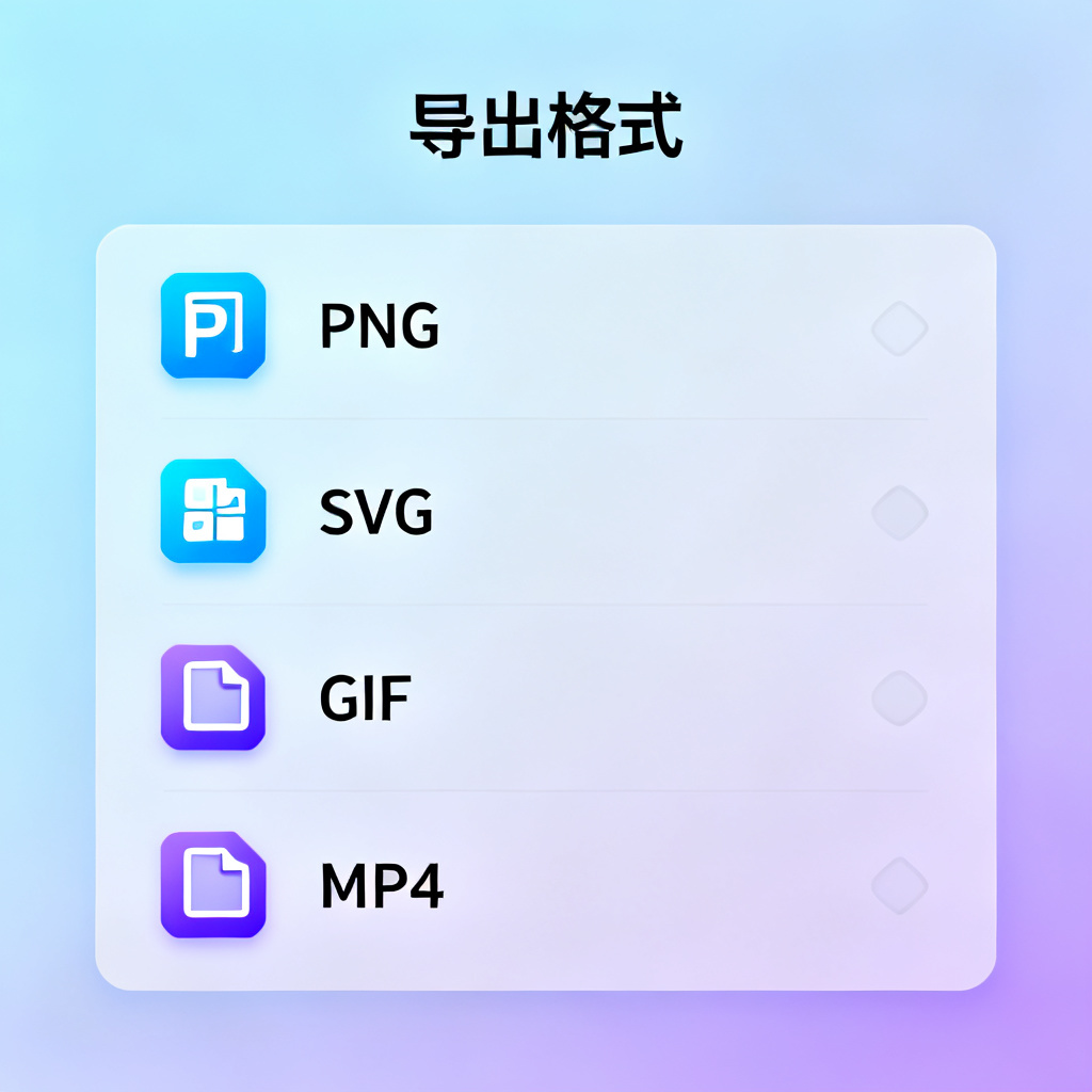 轻云图导出格式选项界面，高亮显示PNG、SVG、GIF、MP4，背景为渐变色，图标清晰