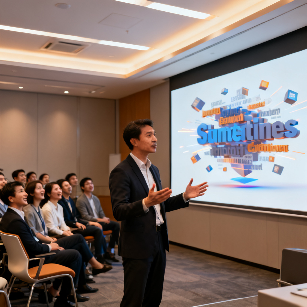 A confident presenter showing a 3D word cloud on a large screen to an impressed audience, bright lighting, corporate seminar setting.