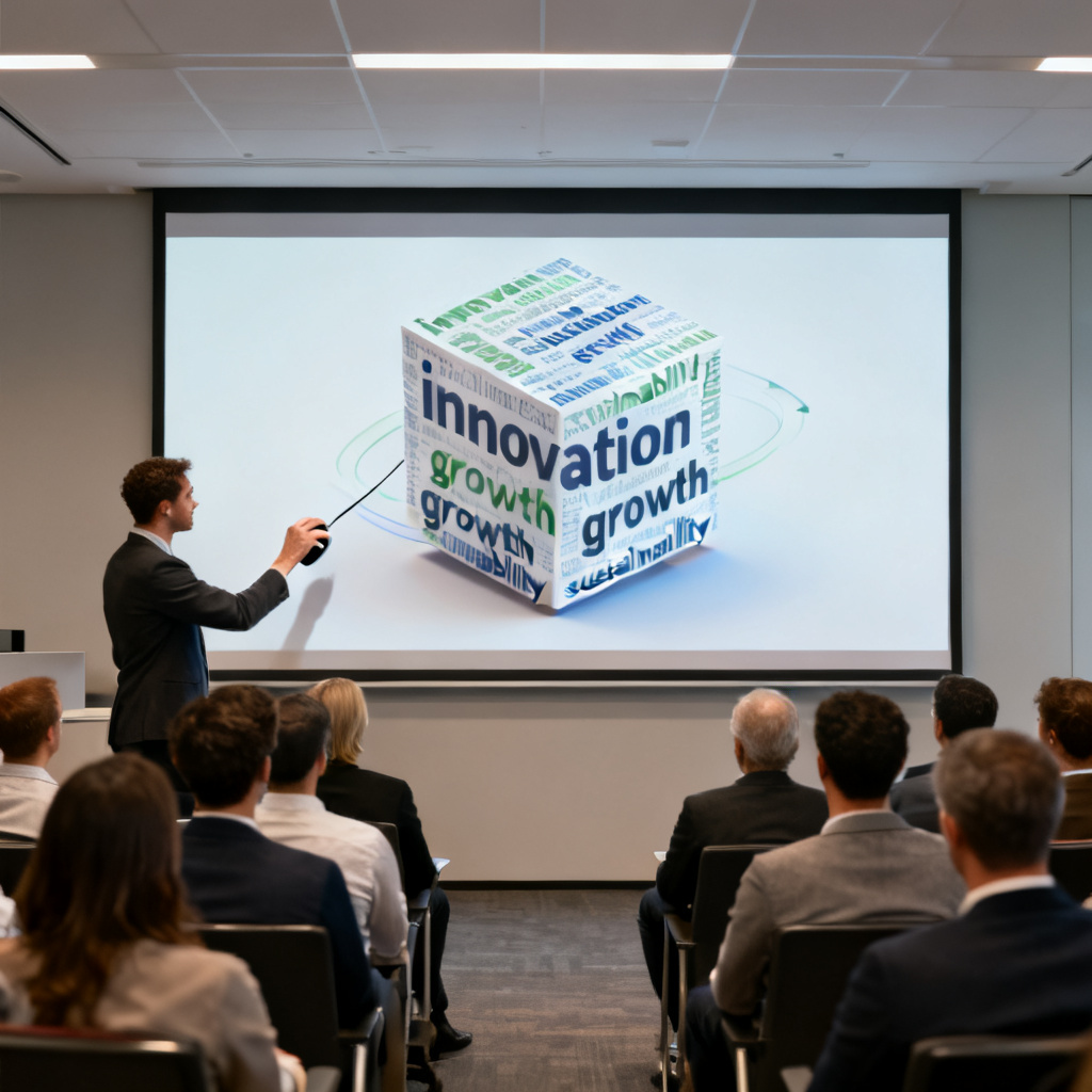 A professional presentation slide in a conference room, showing a 3D word cloud model embedded in PowerPoint. A presenter is using a mouse to rotate the 3D word cloud on the screen, with keywords like "innovation," "growth," "sustainability" in focus. The audience is attentively watching.