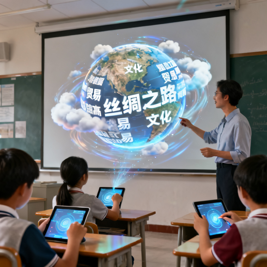 教育工作者在课堂上用轻云图展示3D文字云,学生通过平板电脑拖拽观察,投影屏幕显示旋转的地球形状,关键词包括“丝绸之路”“贸易”“文化”,氛围活跃