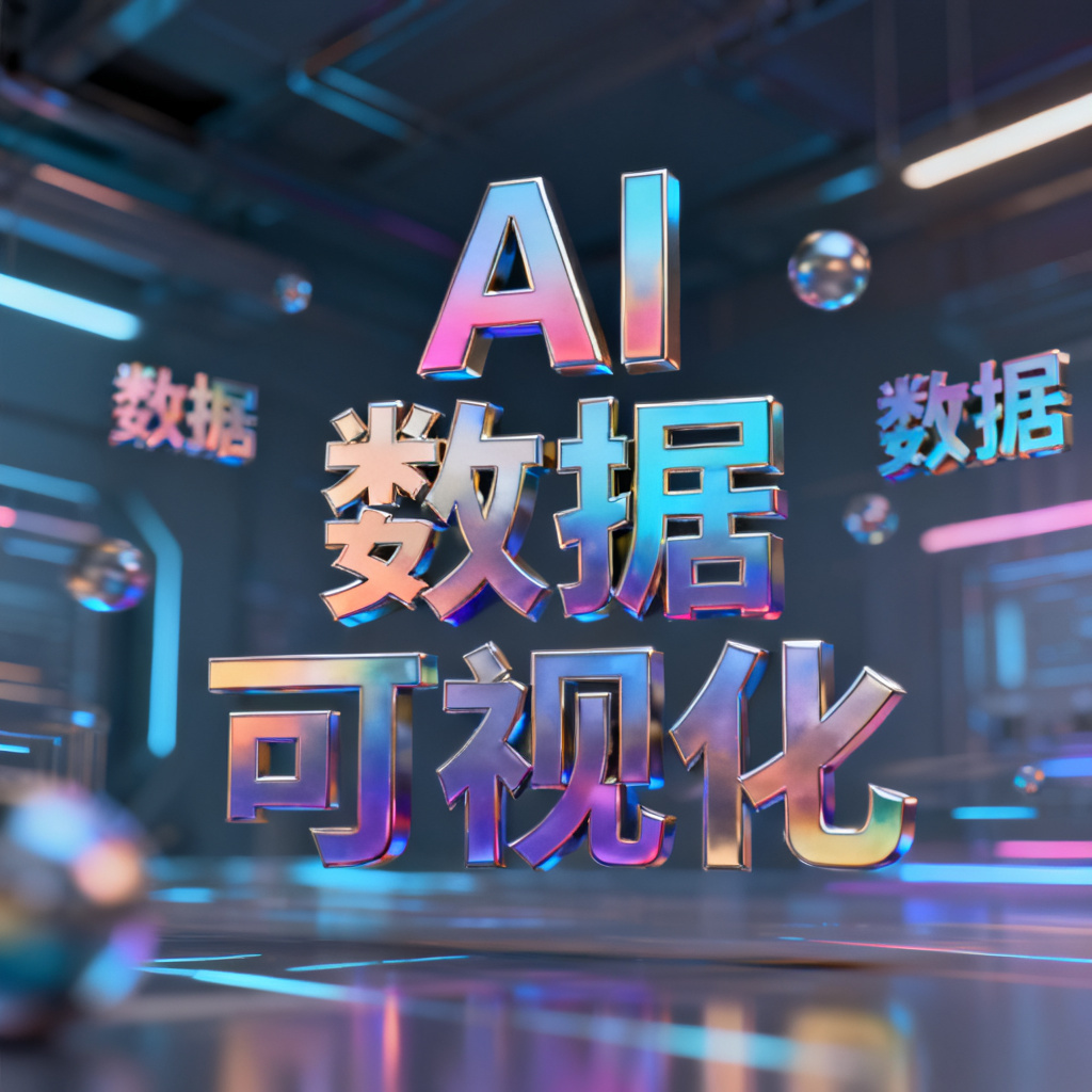 3D立体文字云,彩色渐变,科技感背景,关键词如AI、数据、可视化漂浮在空间中