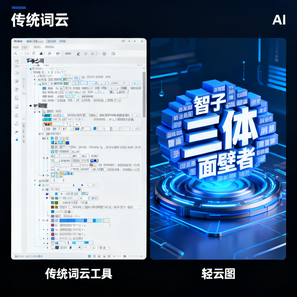 对比图,左侧为传统词云工具界面,显示手动分词和词频调整的复杂操作;右侧为轻云图界面,显示AI自动生成的3D文字云,关键词“三体”、“智子”、“面壁者”在中心,背景为科技蓝