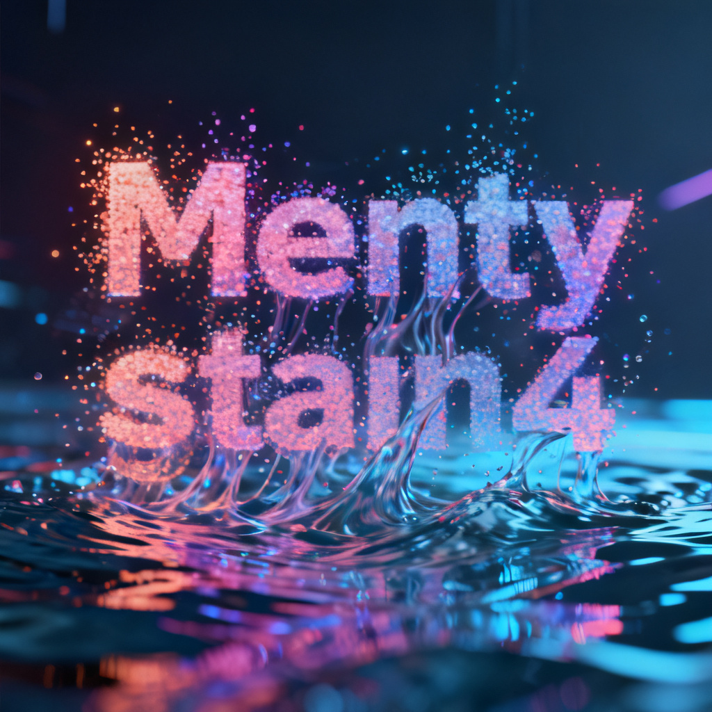 A MP4 video frame showing animated word cloud with particles flowing like water, words transitioning smoothly, vibrant colors, futuristic design
