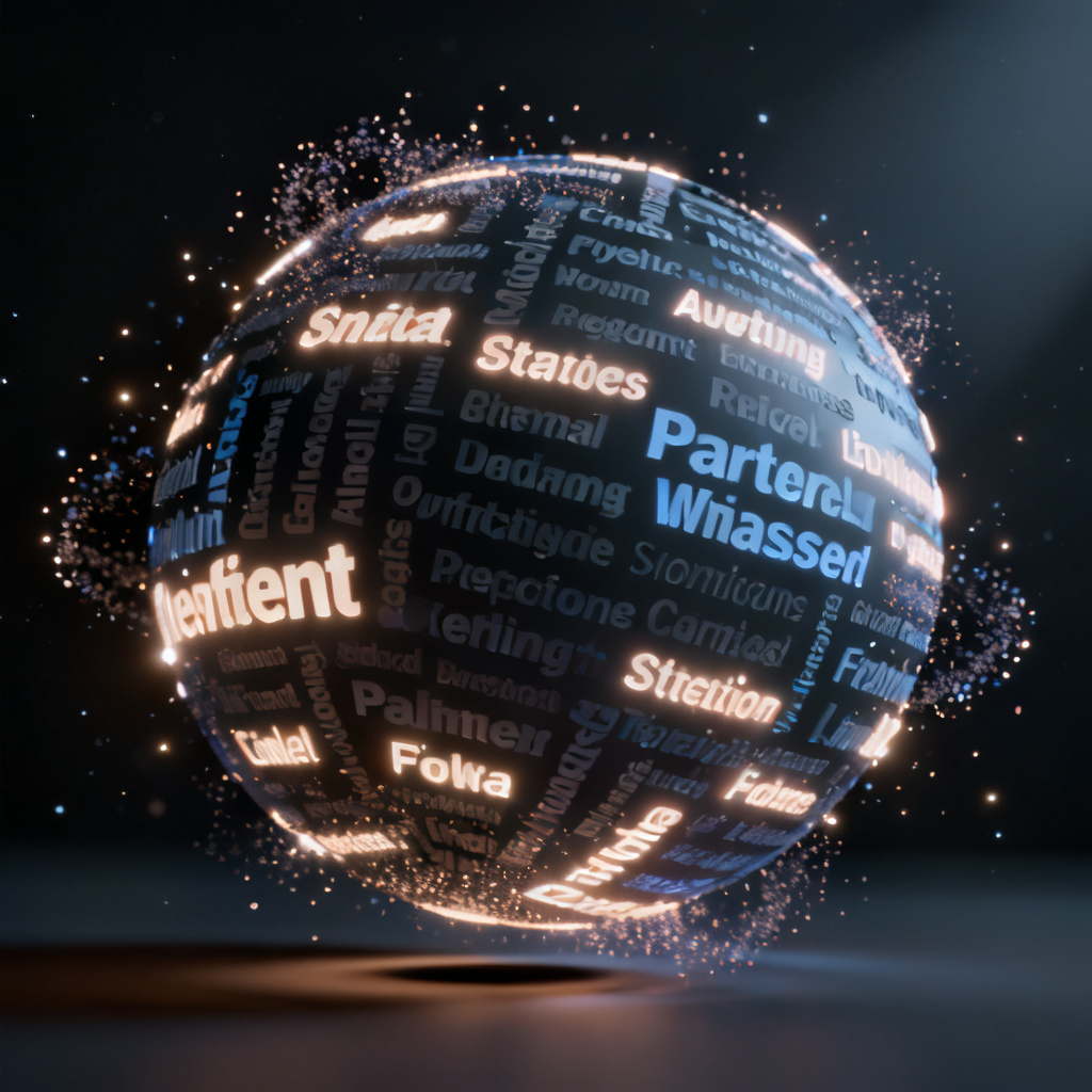 A dynamic 3D word cloud rotating in space, with keywords arranged in a spherical layout and glowing particle effects, suitable for a professional presentation.