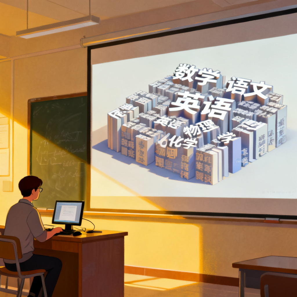 一个教育工作者在讲台上使用PPT展示3D文字云，文字云由学科关键词组成，背景是教室黑板和投影幕布