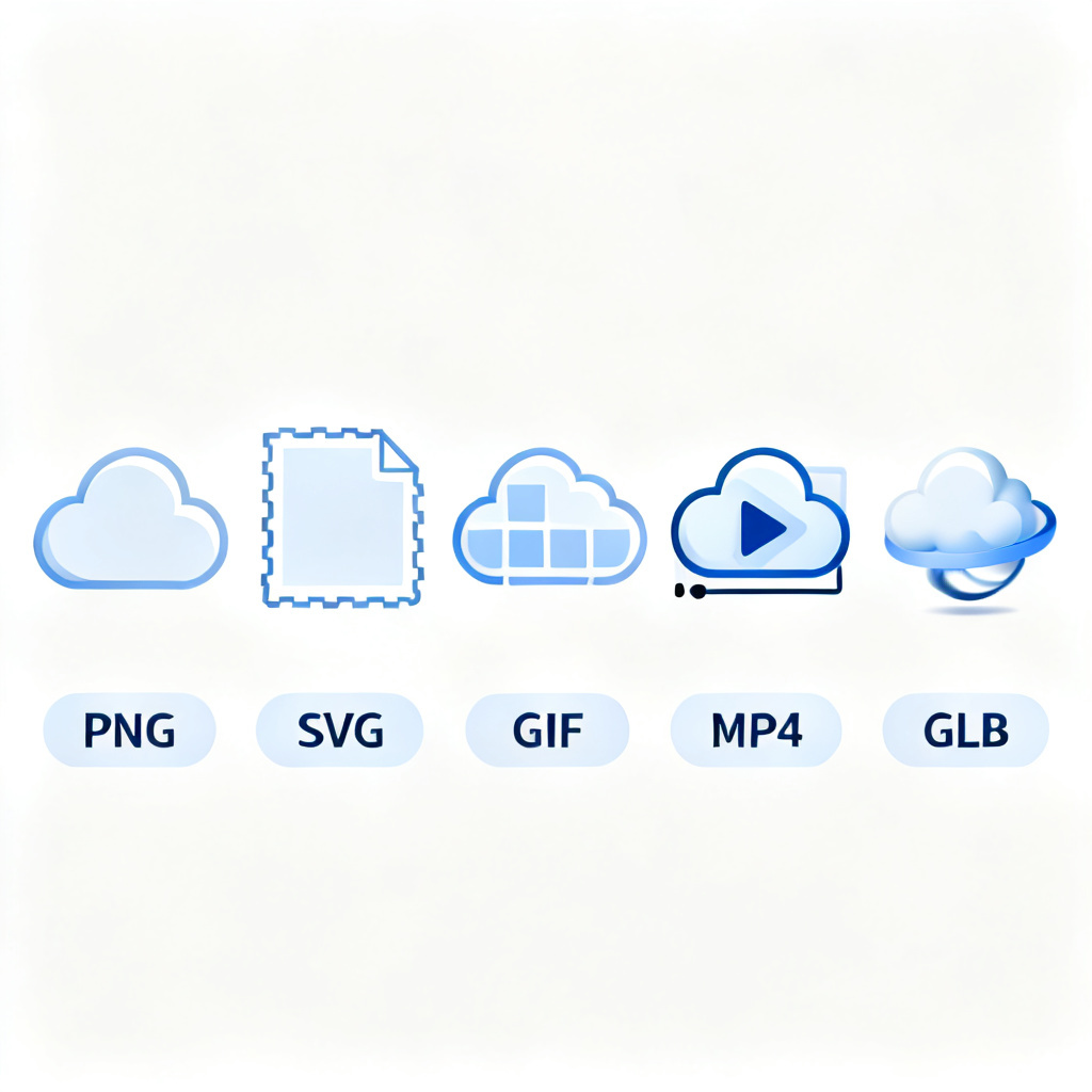 Multiple output formats from Light Cloud Diagram displayed side by side: PNG, SVG, GIF, MP4, and GLB, each with a label showing the file type.