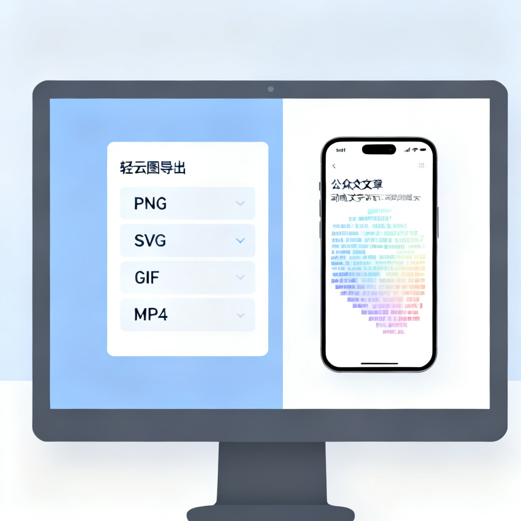 一张电脑屏幕显示轻云图导出选项列表(PNG、SVG、GIF、MP4),旁边有手机屏幕显示公众号文章中的动态文字云