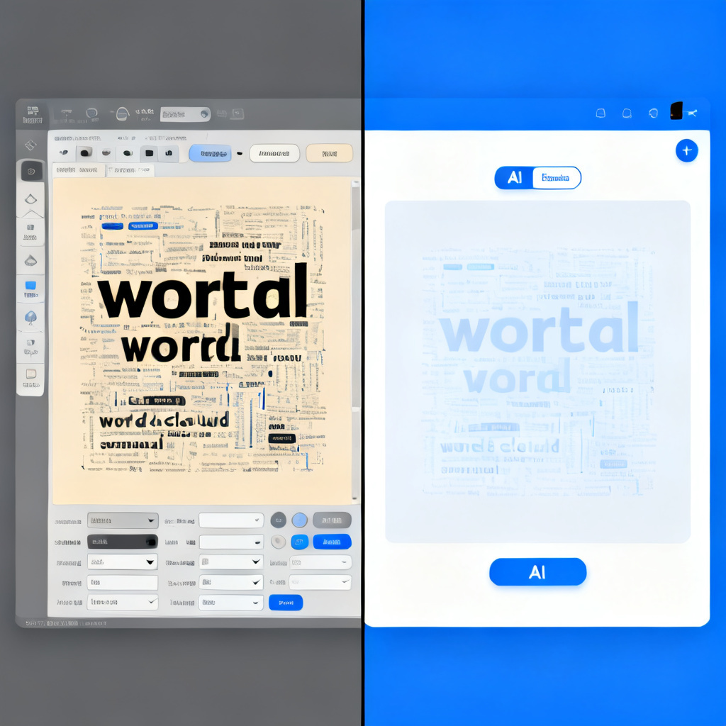 Split-screen comparison: Left side shows a cluttered manual word cloud tool interface with complex settings, right side shows the clean, one-click AI extraction interface of a modern word cloud tool