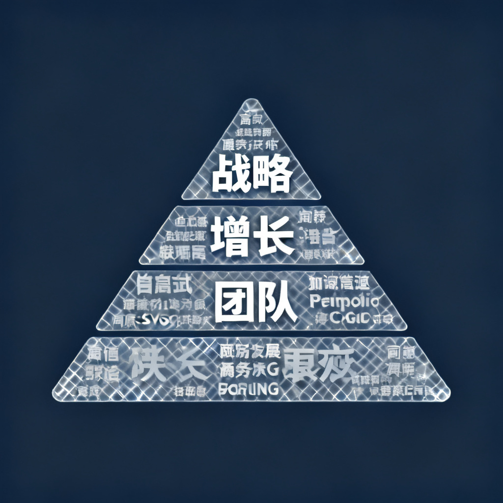 商业汇报文字云，形状为金字塔，关键词“战略”“增长”“团队”，简洁商务风，透明底SVG