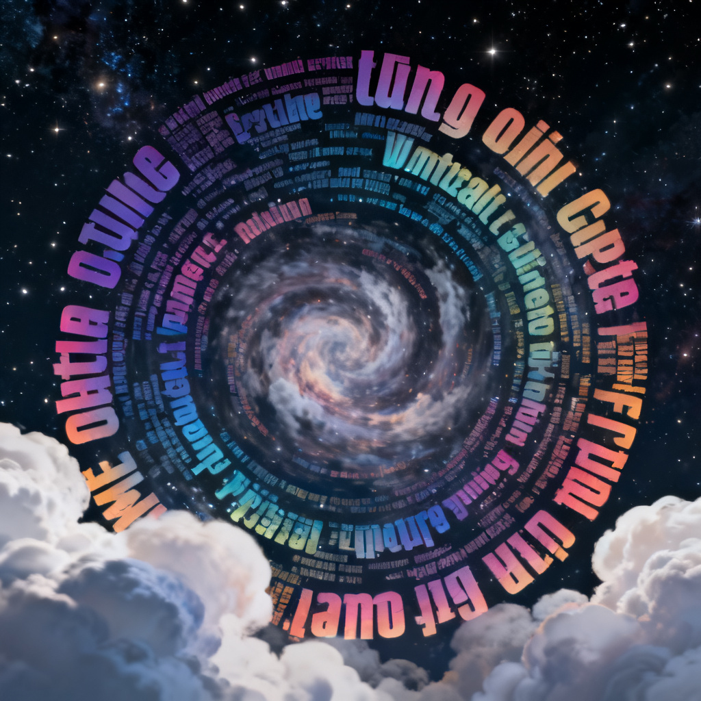 轻云图动态GIF文字云，文字以渐变颜色和旋转动画效果呈现，背景为星空暗色