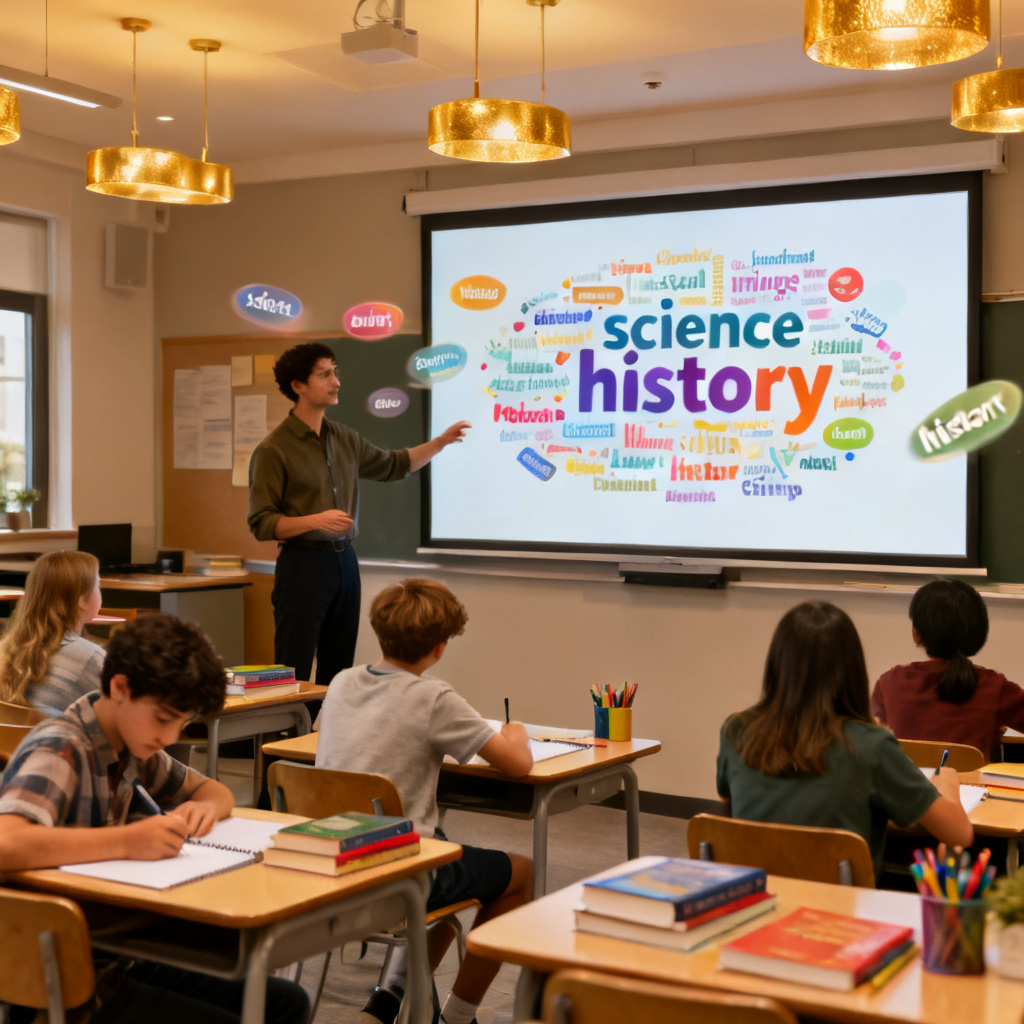An educational setting with a teacher showing a colorful animated word cloud on a large screen, students taking notes, keywords like "science" and "history" floating, modern classroom with warm lighting.