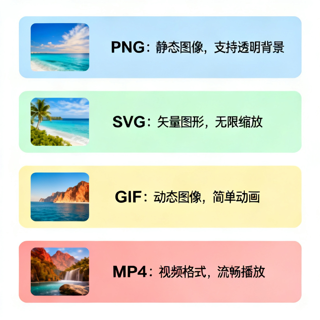 多种输出格式（PNG、SVG、GIF、MP4）的缩略图排列，并标注各自适用场景。