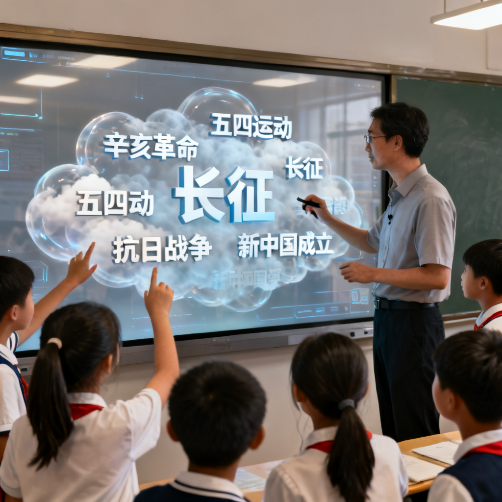 一位教师使用轻云图生成的教学用3D文字云，内容为历史事件关键词，学生围在屏幕前观看互动演示