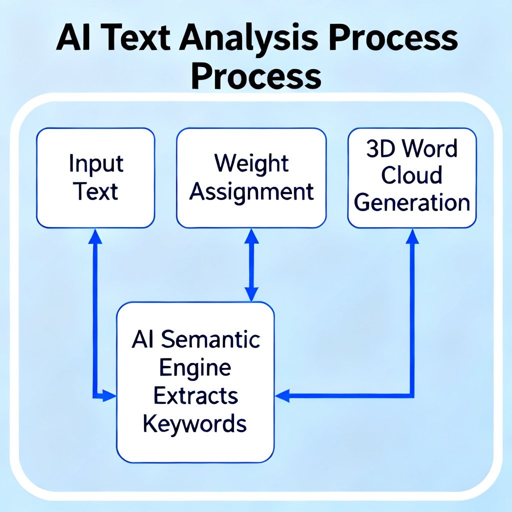A flowchart showing the process of AI text analysis: input text -> AI semantic engine extracts keywords -> weight assignment -> 3D word cloud generation. The flowchart uses clean lines and blue/white color scheme, suitable for a technical presentation.