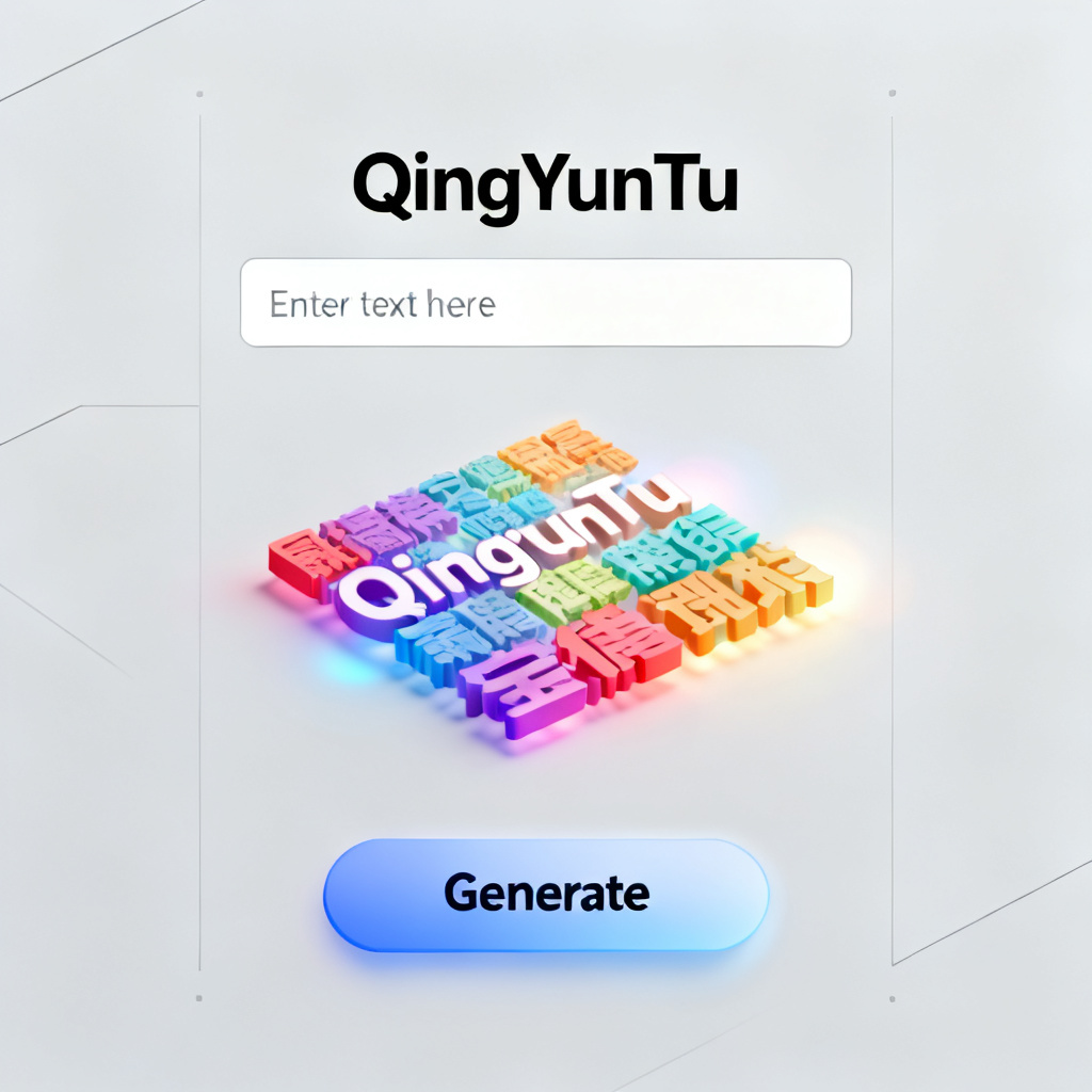 A clean and minimalist user interface of 'QingYunTu' showing a simple text input box and a 'Generate' button, with a vibrant 3D word cloud appearing instantly.