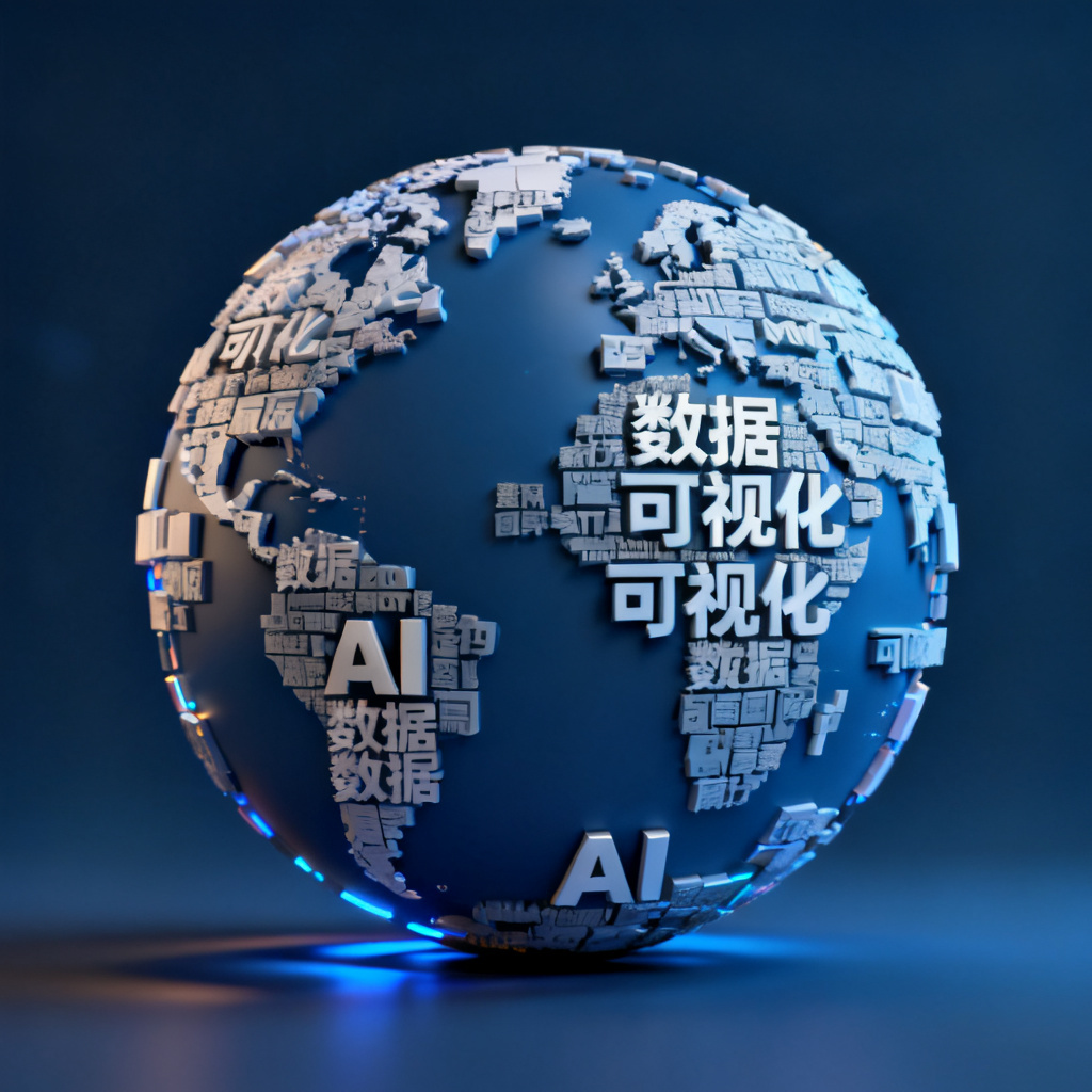 一个3D文字云模型,形状为地球,关键词如‘数据’‘可视化’‘AI’浮在表面,光影效果专业,背景深蓝,科技感