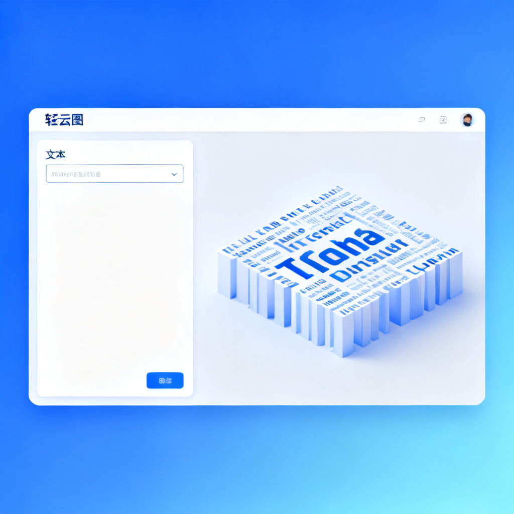 轻云图软件界面截图，左侧为文本输入框，右侧实时生成3D文字云，界面简洁现代，背景为渐变蓝色