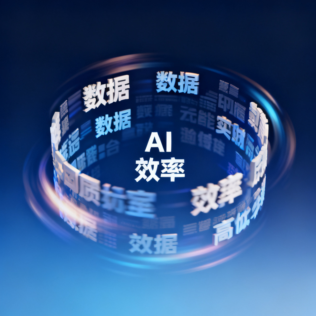 一张3D旋转的文字云,关键词如“数据”、“AI”、“效率”在中心,背景为深蓝色渐变,文字云带有动态模糊和光晕效果