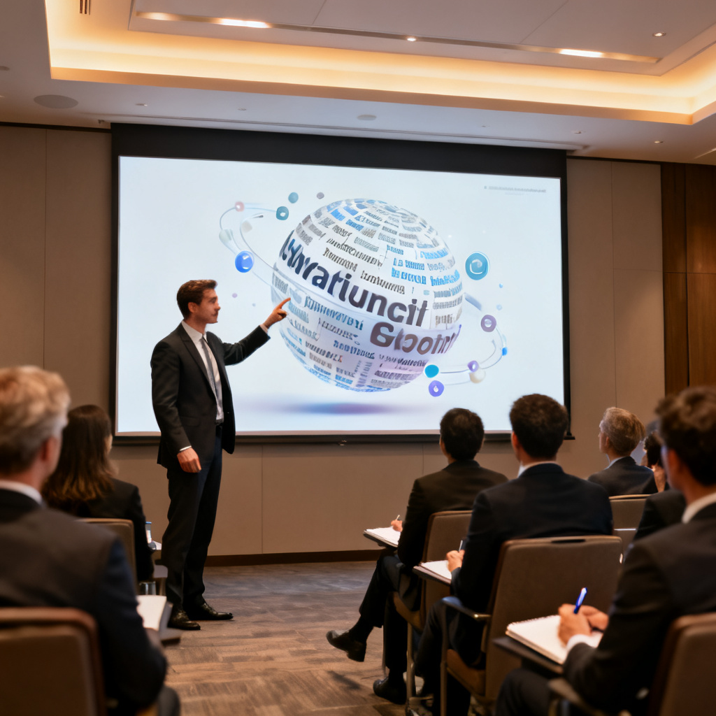 A professional presenter in a conference room pointing at a large screen, where a 3D word cloud is rotating interactively inside a PowerPoint slide, with attentive audience members taking notes.