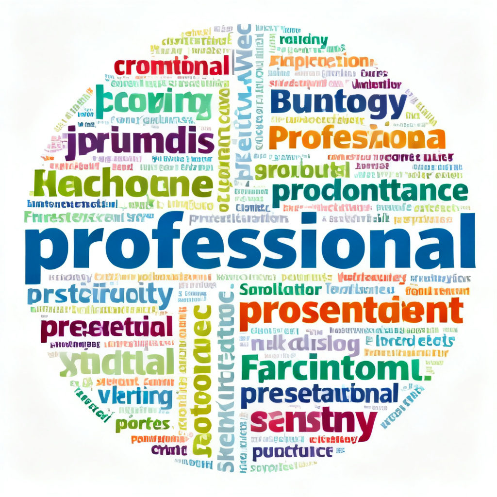 A vibrant 2D word cloud with custom brand colors and fonts, arranged in a circular pattern, professional presentation style