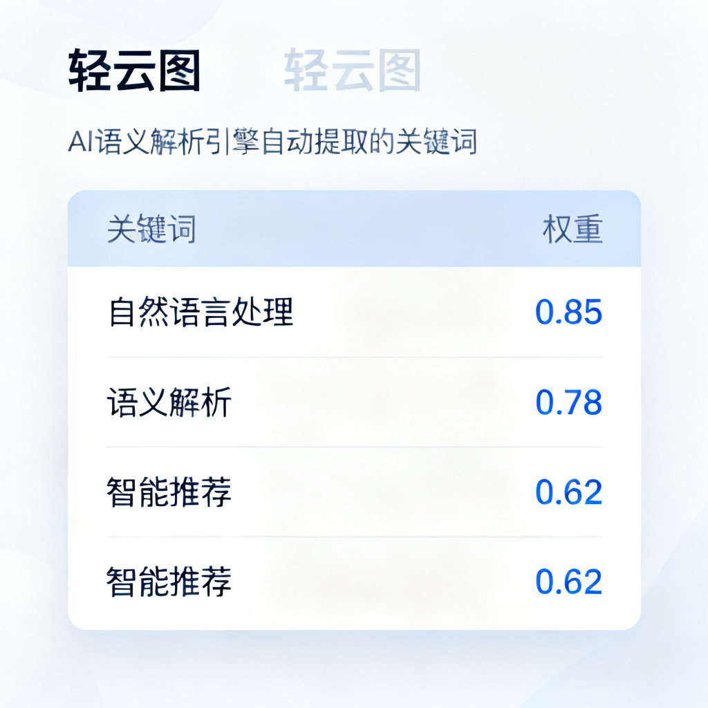 轻云图界面截图,显示AI语义解析引擎自动提取关键词,权重分布清晰,界面简洁现代