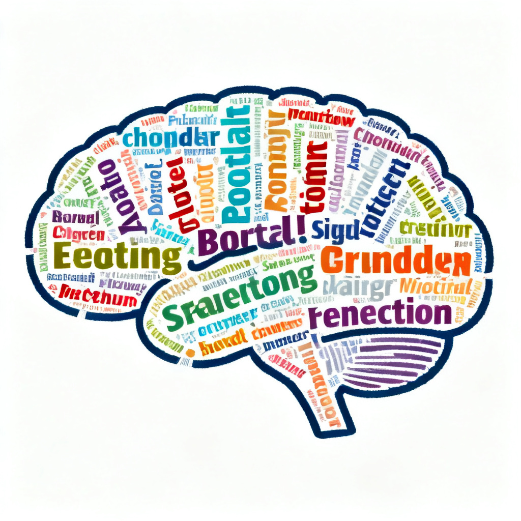 A colorful word cloud in the shape of a human brain, with varying font sizes and colors representing different keywords, set against a clean white background