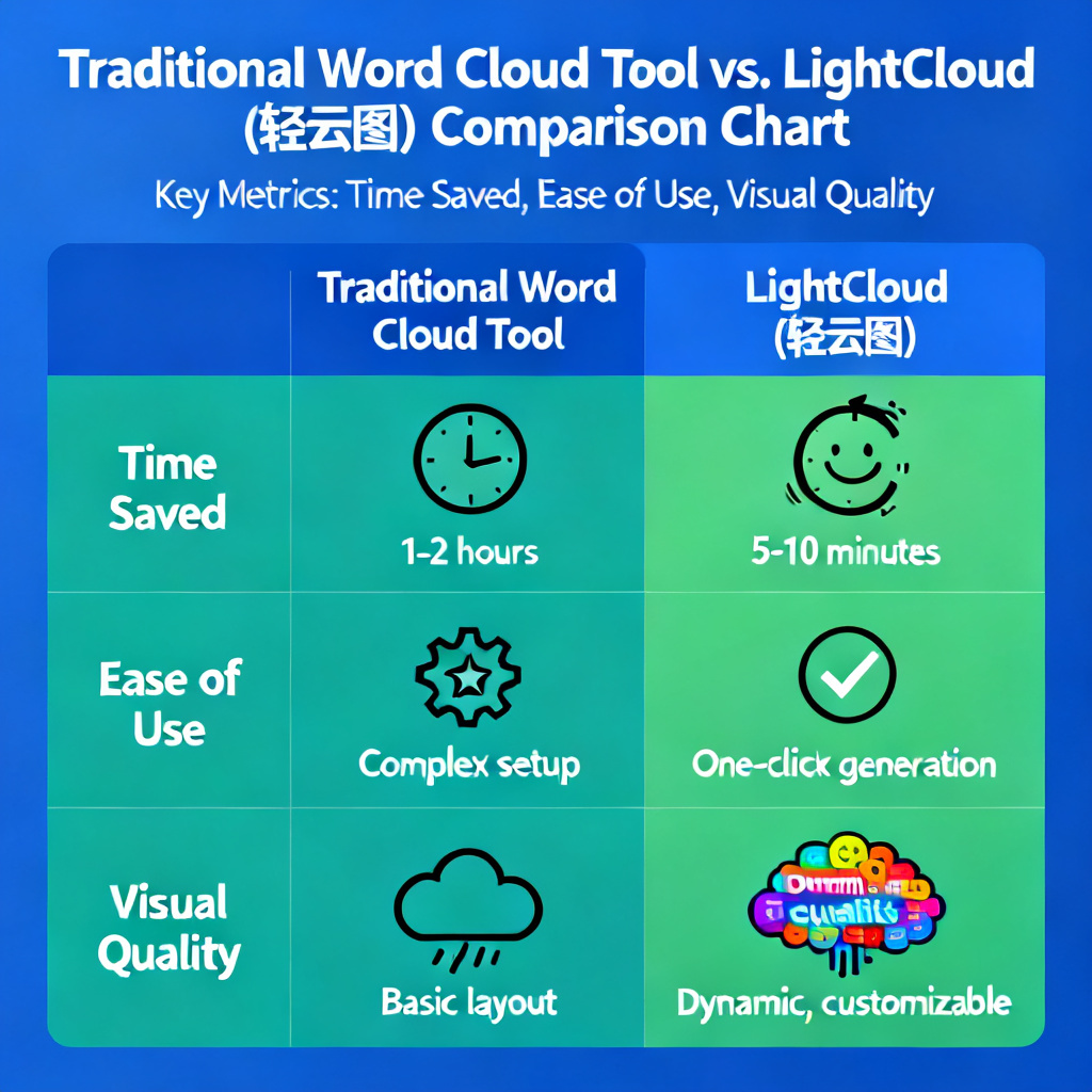A comparison chart showing traditional word cloud tool vs. LightCloud (轻云图) with metrics like time saved, ease of use, and visual quality.