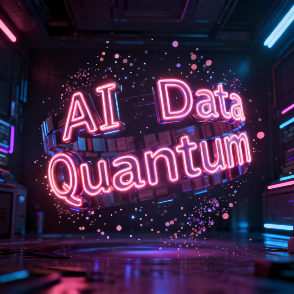 A futuristic 3D word cloud with glowing neon keywords like "AI", "Data", "Quantum", rotating slowly in a dark cyberpunk-style room, with particles floating around, cinematic lighting