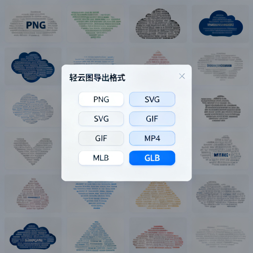 显示轻云图导出格式选择界面，包括PNG、SVG、GIF、MP4、GLB，背景有多个不同形状的文字云缩略图