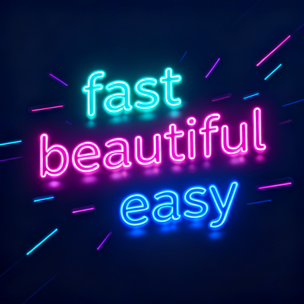 A glowing word cloud formed by positive user reviews like 'fast', 'beautiful', 'easy', floating in a dark background with neon accents