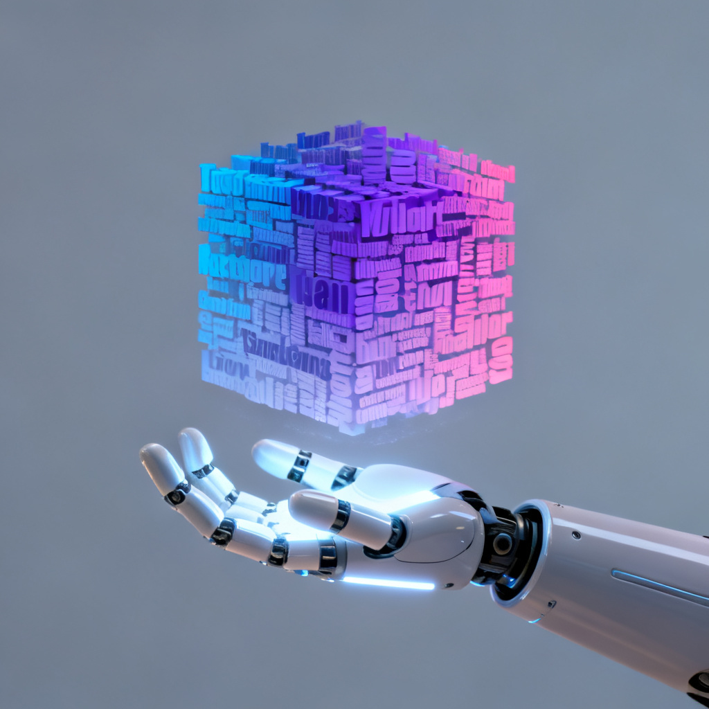 智能机器人手部发光，将一堆文字自动排列成彩色词云，背景简洁科技感