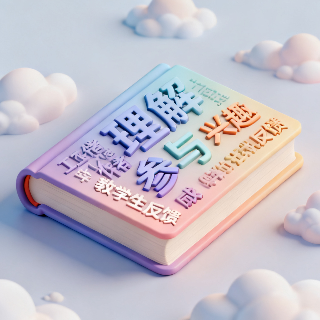 教育工作者用轻云图生成学生反馈词云,形状为书本,色彩柔和,关键词‘理解、兴趣、参与’以3D方式排列
