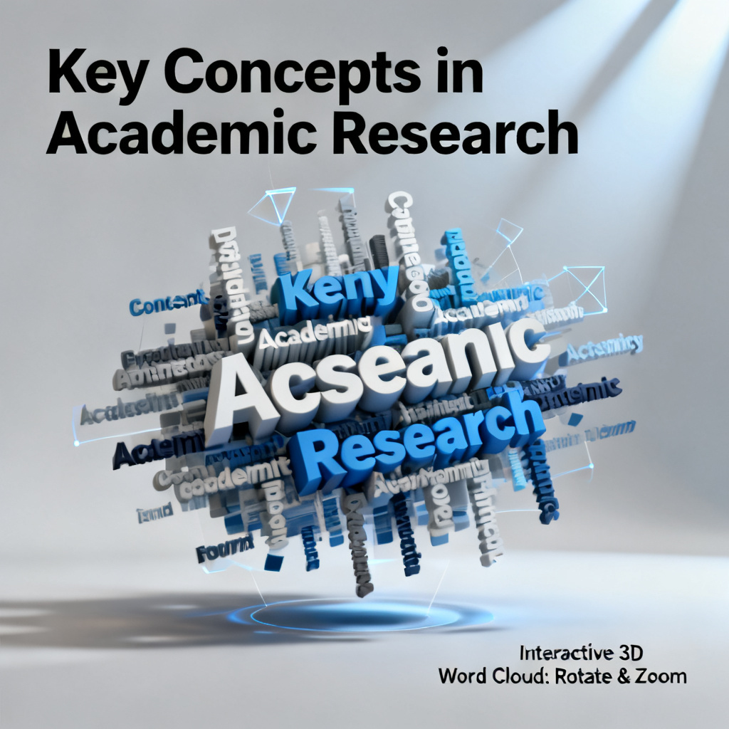An academic presentation slide with a 3D word cloud embedded, showing interactive rotation and zoom features