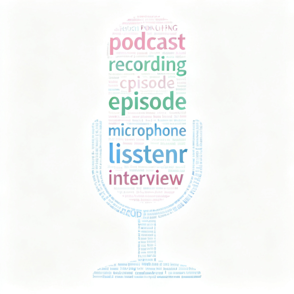 A high-resolution PNG word cloud in shape of a microphone, with words related to podcasting, soft pastel colors, clean typography, professional layout